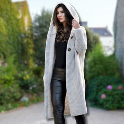 Solange™ - Élégant long gilet tricoté à capuche