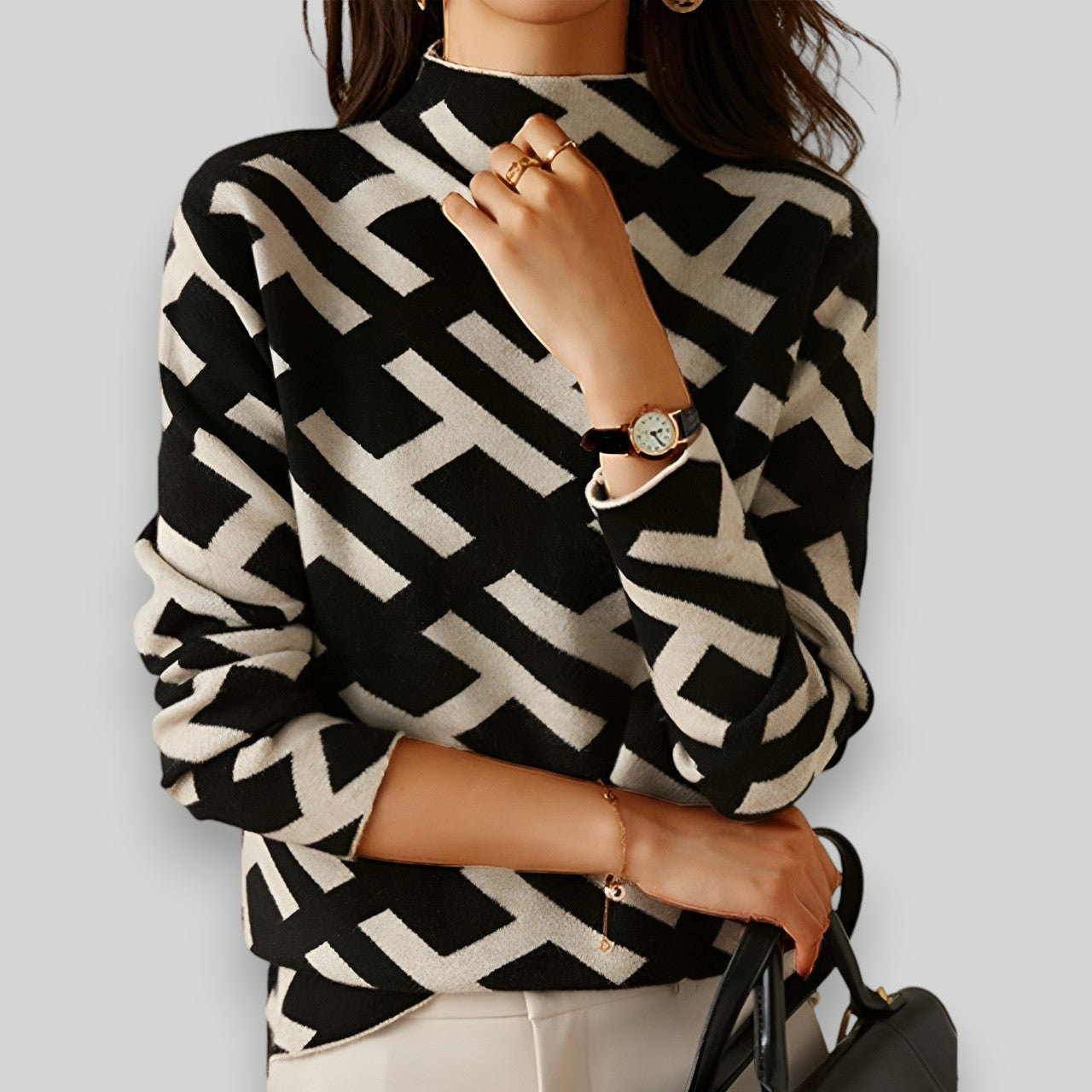 Ida™ - Pull élégant à motif noir et blanc