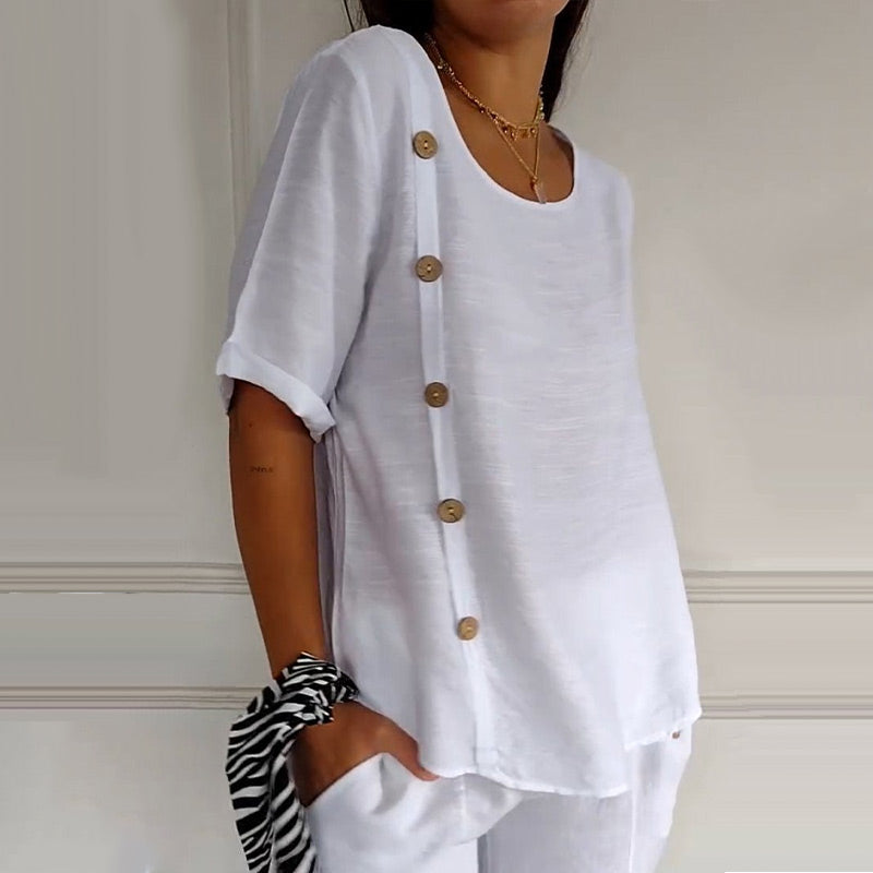 Romee™ - Blouse femme à col rond avec boutons latéraux